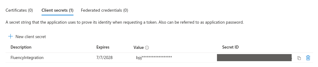 The same client secrets list after a reload, with the value masked