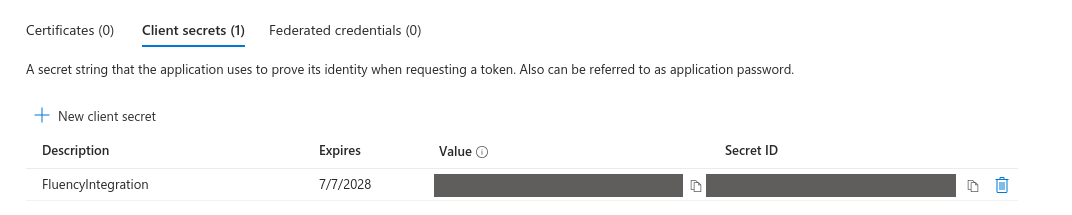 Client secrets list with the new secret's value visible in the Value column