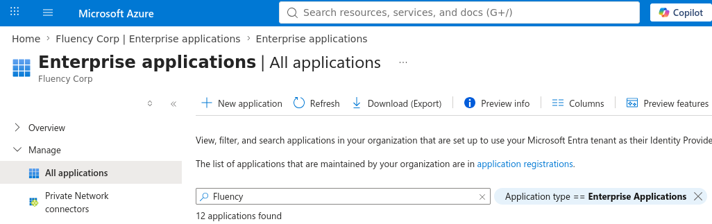 Enterprise applications list filtered by name