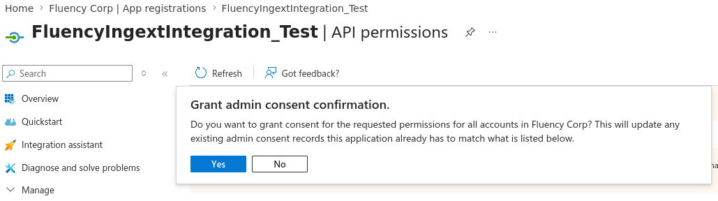 Grant admin consent confirmation dialog