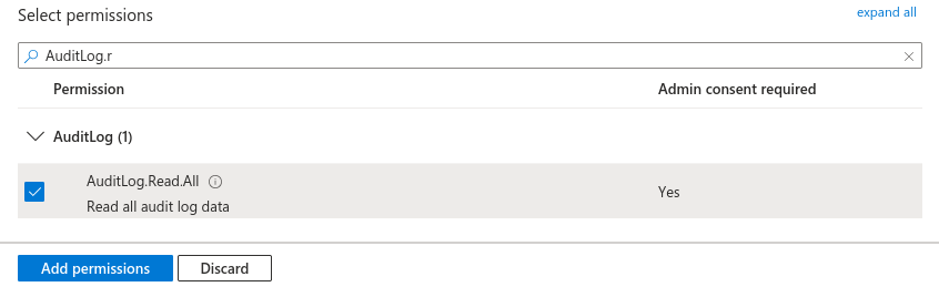 Permission picker filtered to AuditLog with AuditLog.Read.All ticked and the Add permissions button