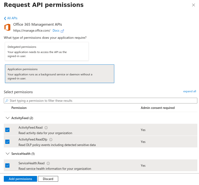 Office 365 Management APIs permission dialog with ActivityFeed.Read, ActivityFeed.ReadDlp and ServiceHealth.Read ticked
