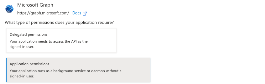 Microsoft Graph permission dialog with Delegated permissions and Application permissions, Application permissions selected