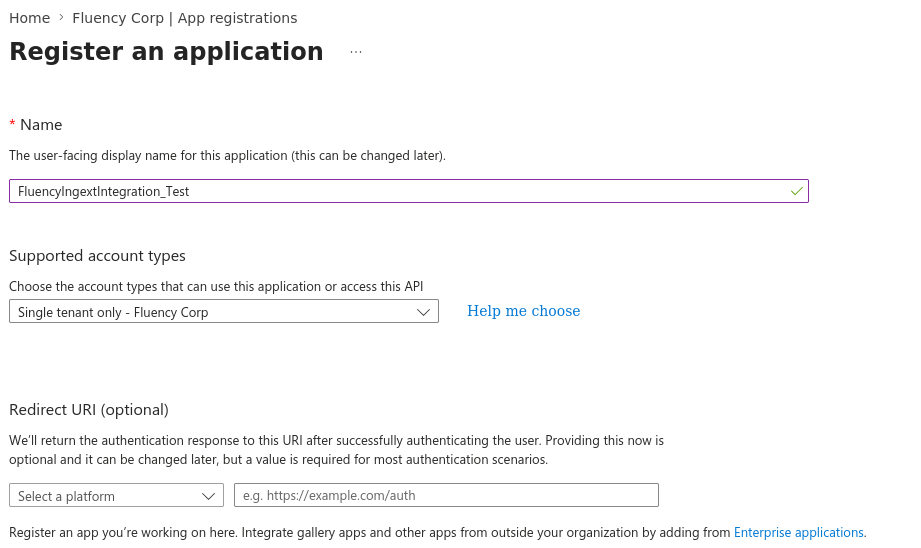 Register an application form with a name entered and Single tenant only selected