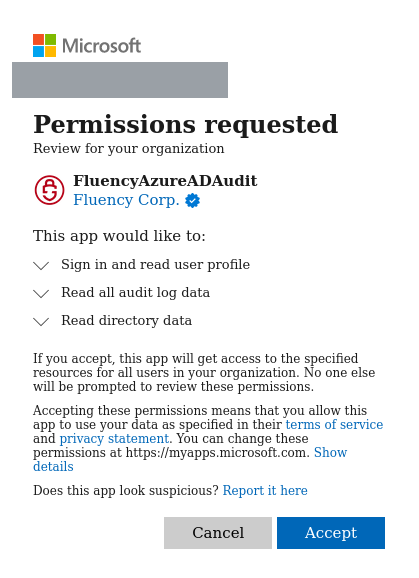 Microsoft consent prompt headed Permissions requested, Review for your organization, for the application FluencyAzureADAudit published by Fluency Corp. with a verified publisher badge, listing three permissions
