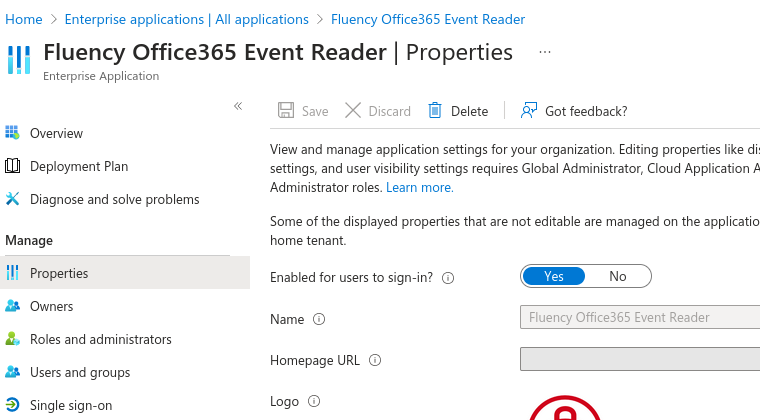 Enterprise application entry for Fluency Office365 Event Reader showing the Properties page with Name and a Delete button in the command bar