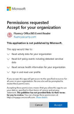 Microsoft consent prompt headed Permissions requested, Accept for your organization, for the application Fluency Office365 Event Reader from fluencysecurity.com, listing four permissions