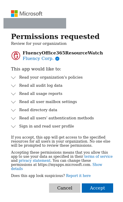 Microsoft consent prompt headed Permissions requested, Review for your organization, for the application FluencyOffice365ResourceWatch published by Fluency Corp. with a verified publisher badge, listing seven permissions