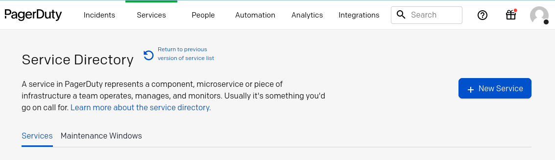 PagerDuty Service Directory with the + New Service button