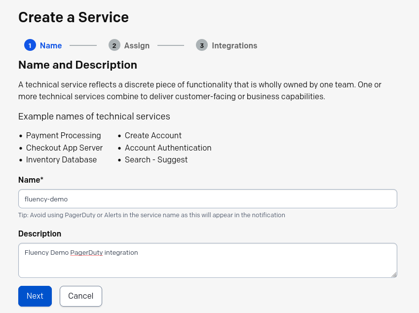New service form with the name and description entered
