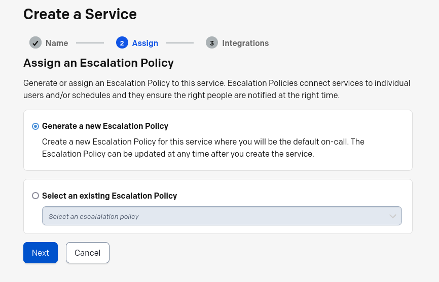 Escalation policy step of the new service wizard