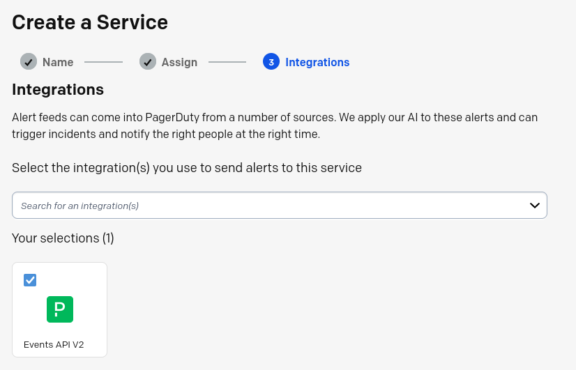 Integrations step of the new service wizard, with Events API V2 selected