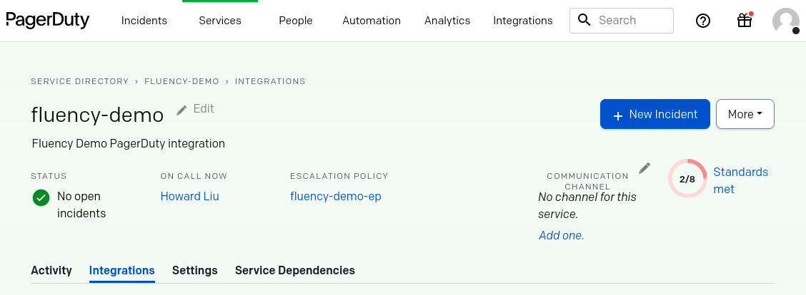 Integrations tab of the service, showing the Integration Key
