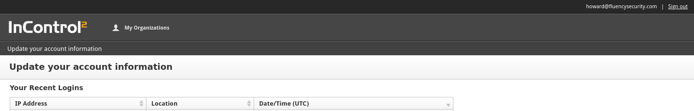 InControl portal with the username menu open in the top right corner