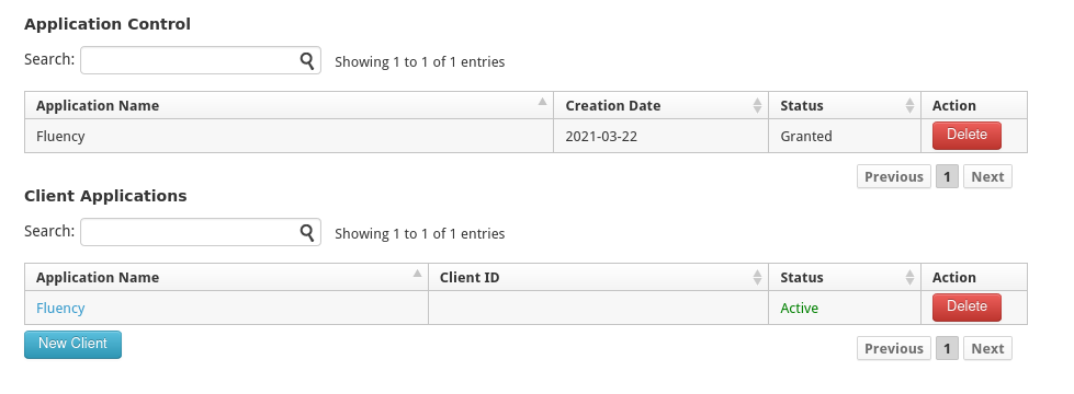 Bottom of the user settings page, with the option to create a new Client application