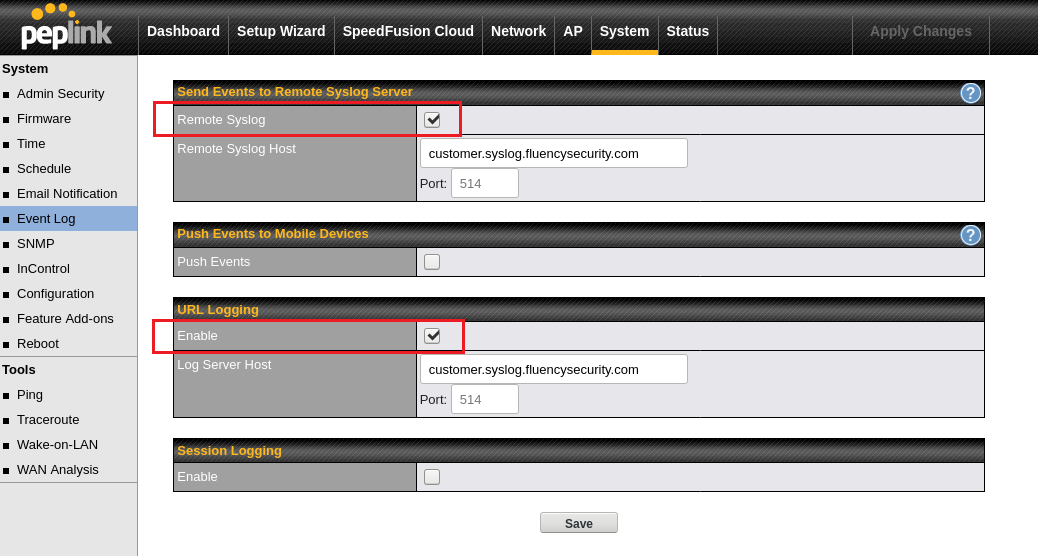 Peplink System Event Log settings with the remote syslog server address configured