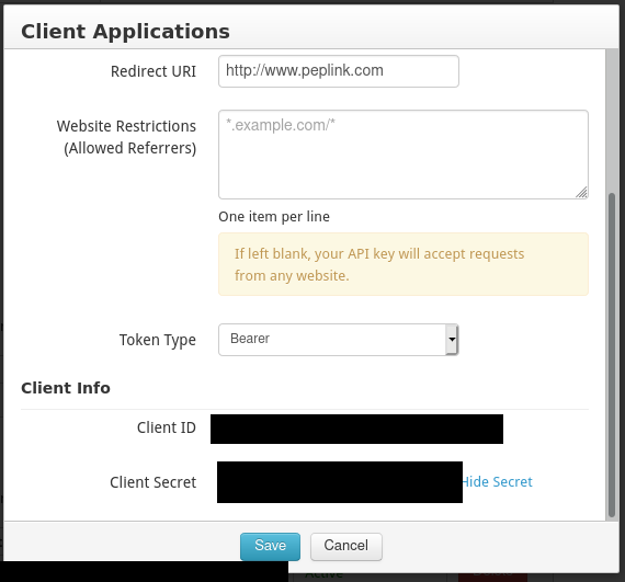 Application settings page showing the Client ID and Client Secret