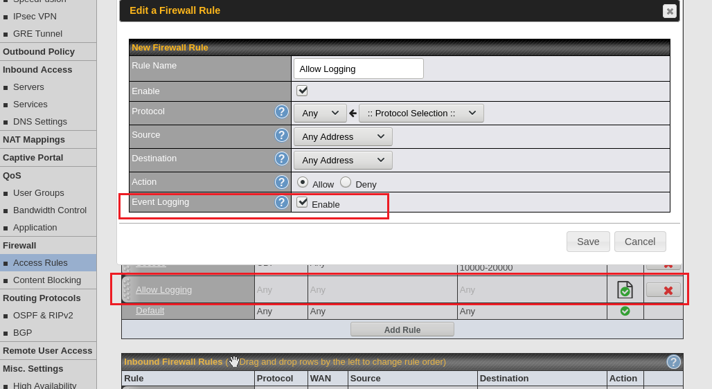 Peplink Firewall settings with a log rule added