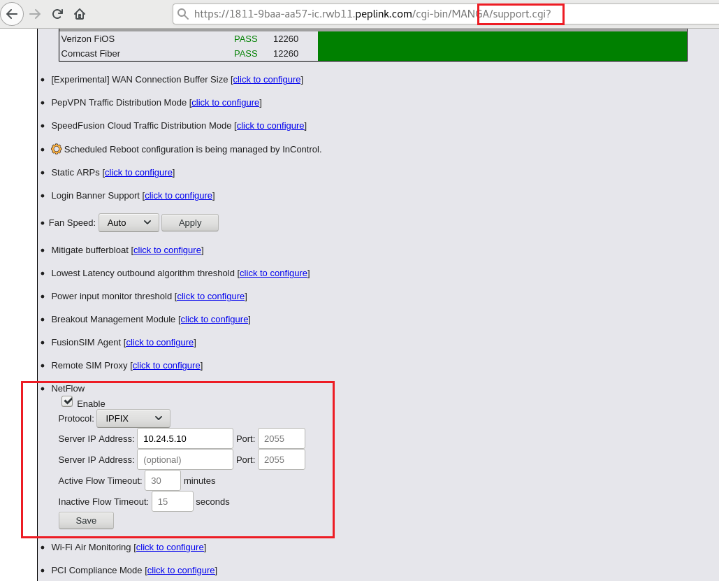 NetFlow settings with the collector address and UDP port configured