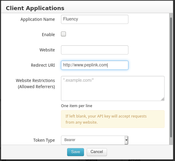 Client application form with the name, redirect URI and website restriction fields