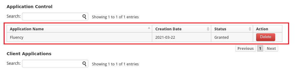 User settings page showing the client application now listed as authorized