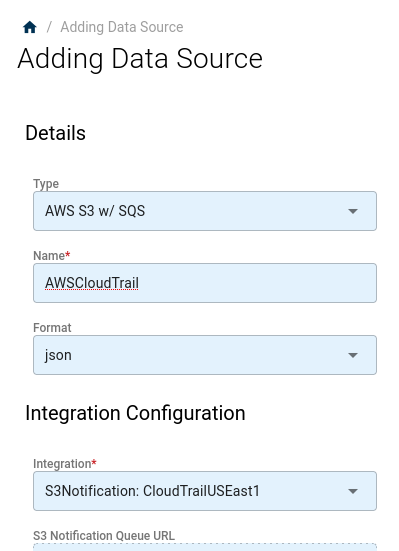 Data source properties panel with AWS S3 w/ SQS as the type, a source name, and json as the format