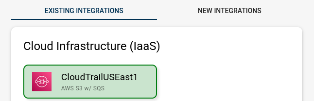 Saved CloudTrail integration listed among the configured integrations