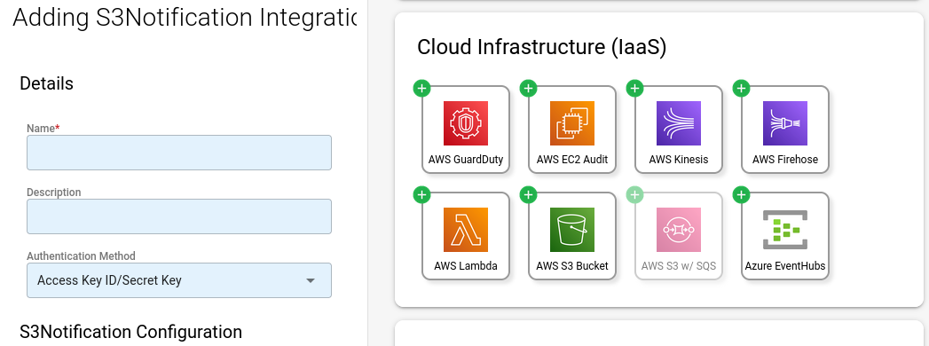 Integration configuration panel with the name, description and Access Key ID/Secret Key authentication method set