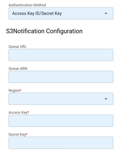 Integration configuration panel with the queue URL, region and key values from the CloudFormation outputs filled in