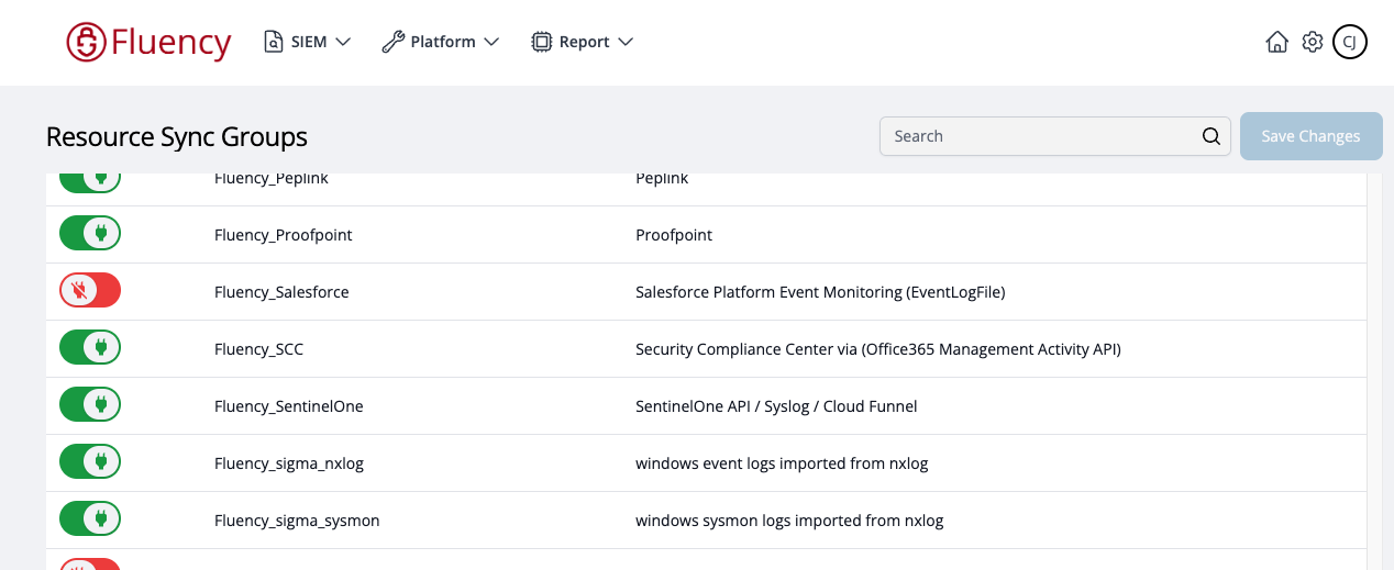 Resource Sync Groups page listing resource groups with an on/off toggle beside each