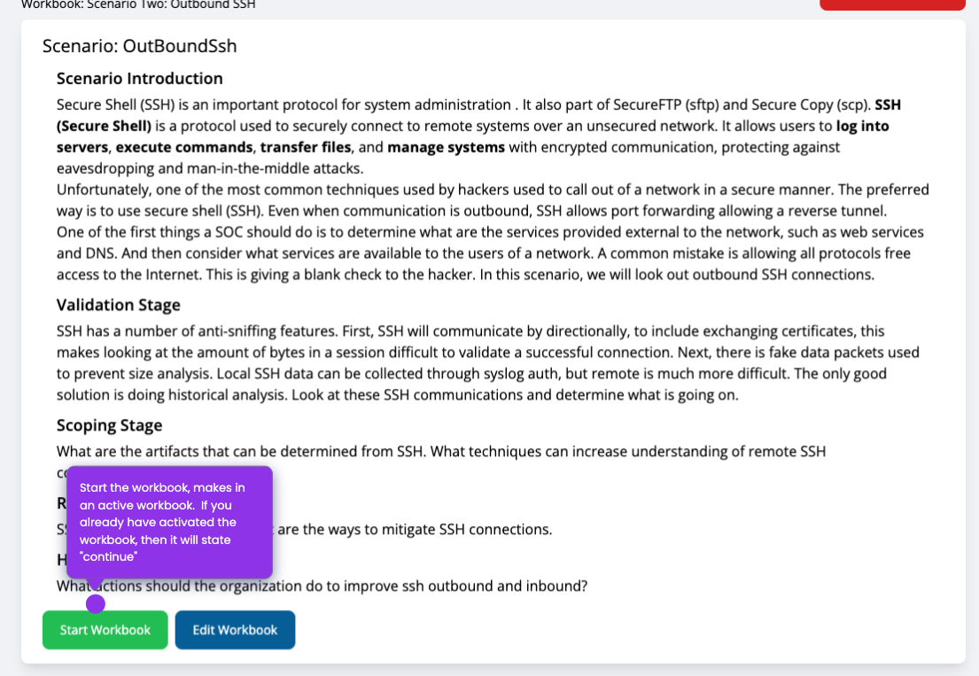 Scenario page for OutBoundSsh, with the Start Workbook and Edit Workbook buttons at the bottom