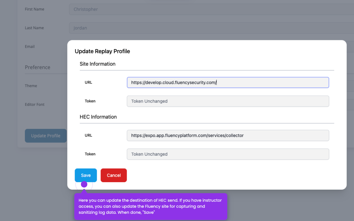Update Replay Profile dialog with Site Information and HEC Information sections, each holding a URL and a Token field, above the Save and Cancel buttons