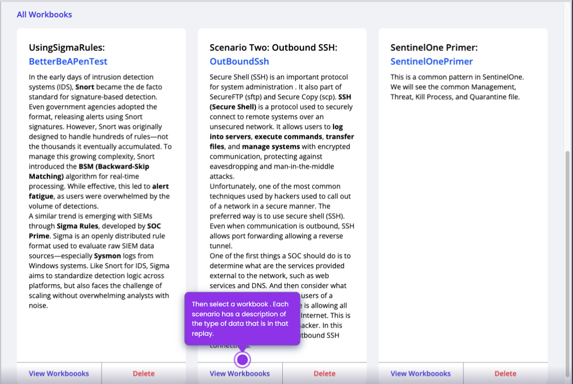 All Workbooks page showing three scenario cards, each with its description and a View Workbooks link