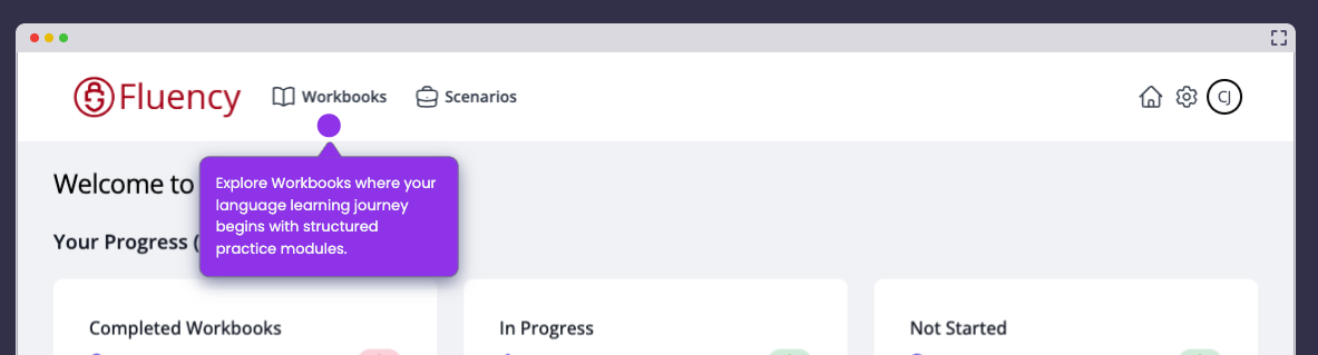 Fluency Replay top navigation with Workbooks highlighted, above the Welcome and Your Progress panels