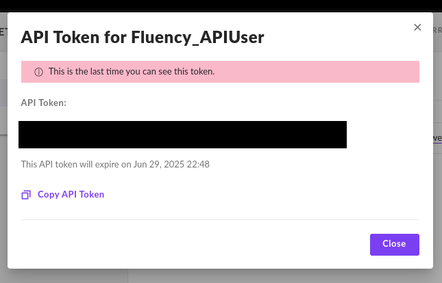 Service user's API token displayed for copying