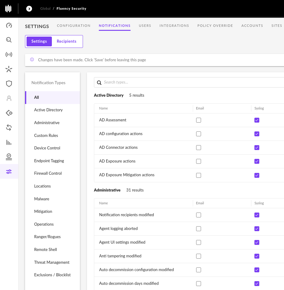Notifications page under SentinelOne Settings, with the syslog notification options