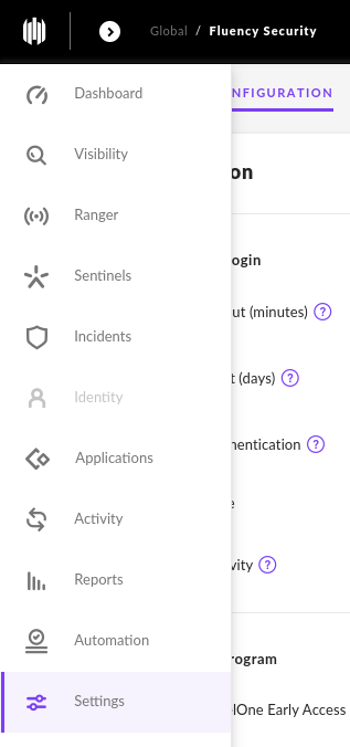 SentinelOne main menu with the Settings section selected