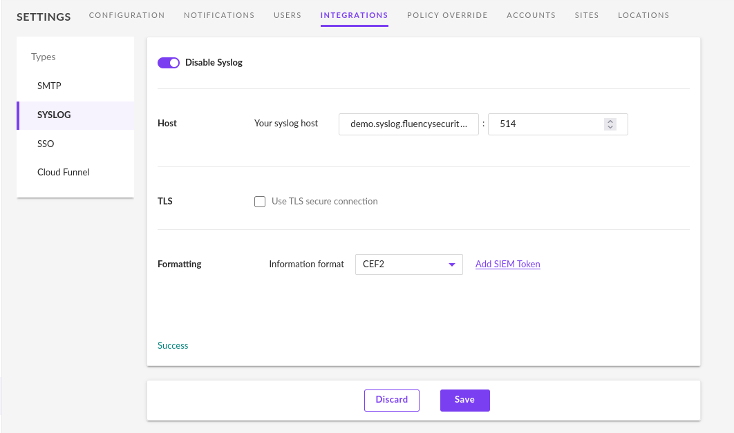 Syslog Host field set to the plain UDP syslog destination