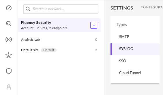 Scope selector offering per-site or per-account configuration of the syslog setting