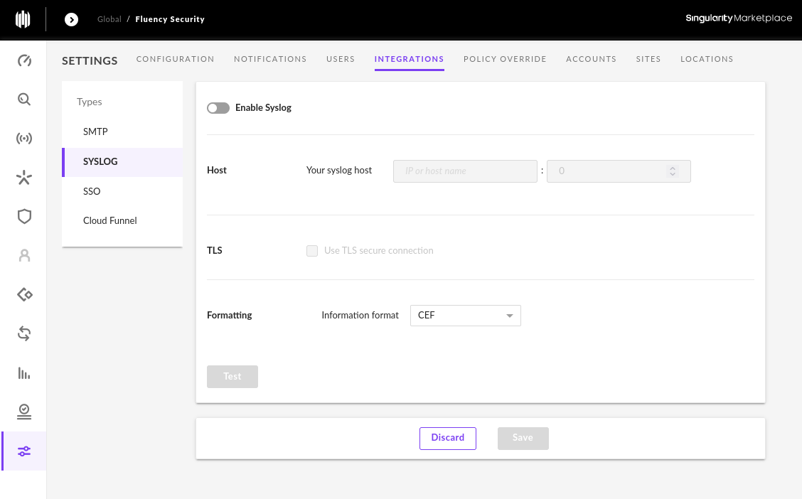 Syslog section of the SentinelOne Integrations tab, with Enable Syslog toggled on