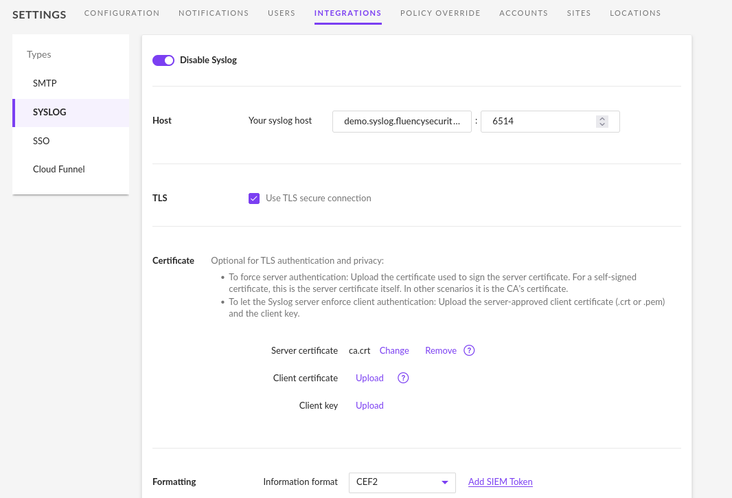 Syslog configuration with TLS enabled and a server certificate supplied