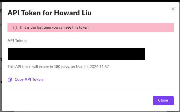 Generated API token displayed for copying