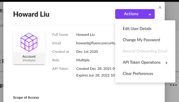 My User page with the Actions dropdown open