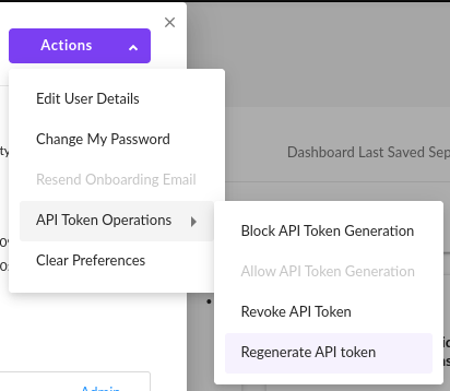 Actions dropdown showing the options to create or regenerate an API token