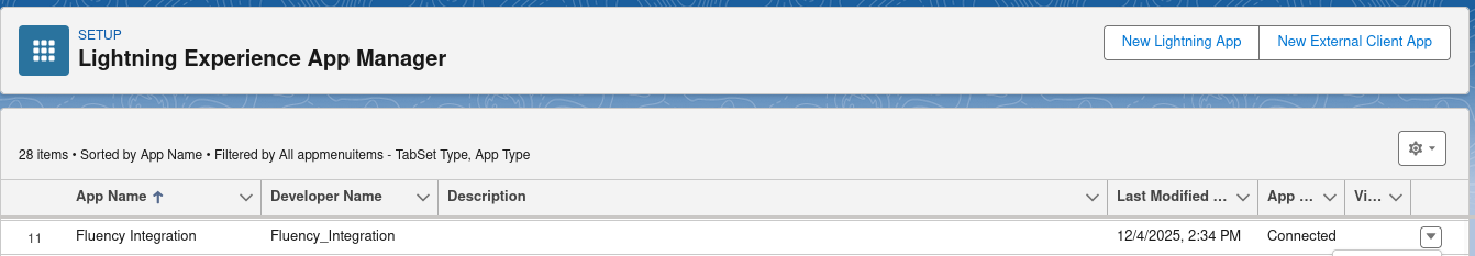 Lightning Experience App Manager with the New External Client App button, and a Connected App listed below