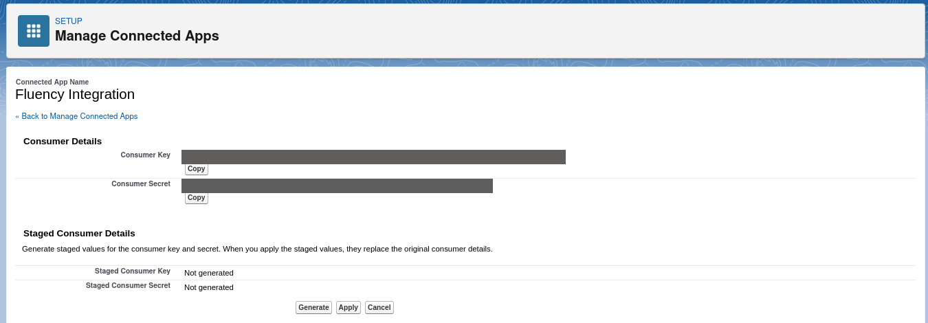 Manage Connected Apps Consumer Details page with the consumer key and secret redacted, and the Staged Consumer Details section below