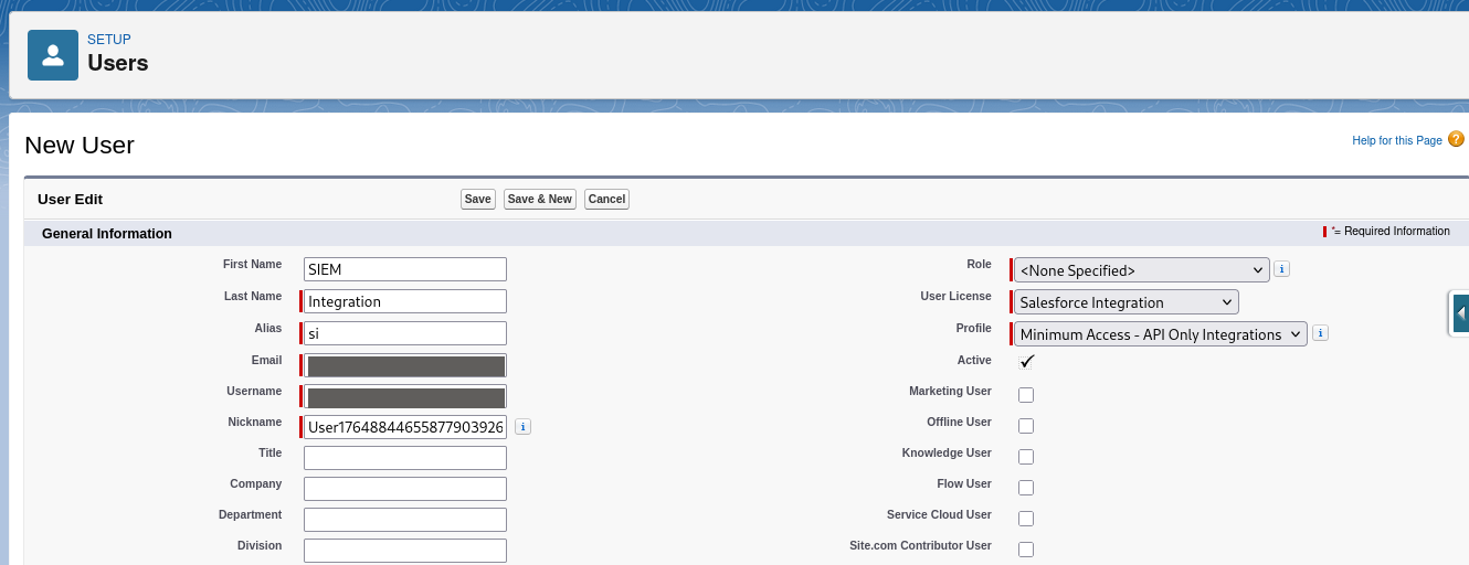 New User form with User License set to Salesforce Integration and Profile set to Minimum Access - API Only Integrations