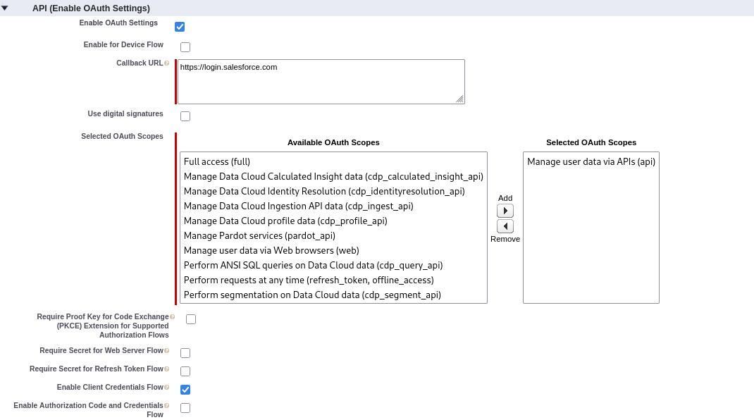 Connected App OAuth settings with Manage user data via APIs (api) as the only selected scope and Enable Client Credentials Flow ticked