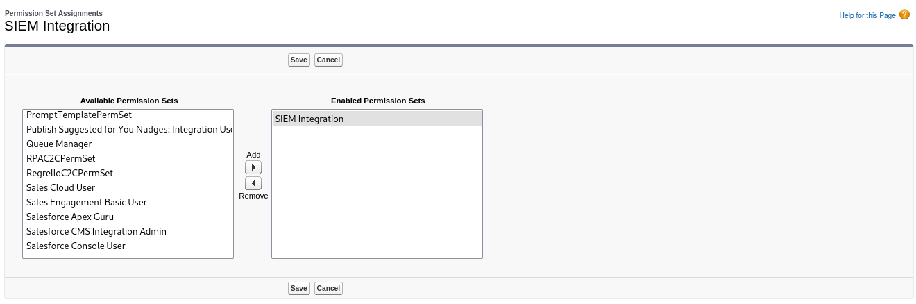 Permission Set Assignments with SIEM Integration moved into the Enabled Permission Sets column