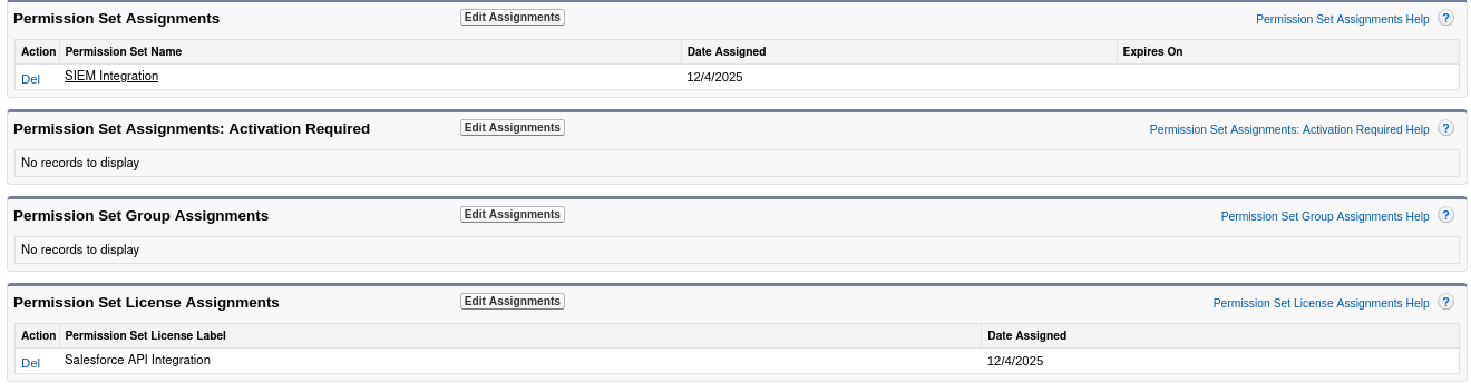 User record showing Permission Set Assignments with SIEM Integration and Permission Set License Assignments with Salesforce API Integration